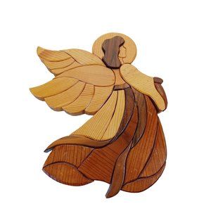 Handmade Hand Carved Wood 11"x9" Angel Wall Hanger Decor Religious Art Vintage